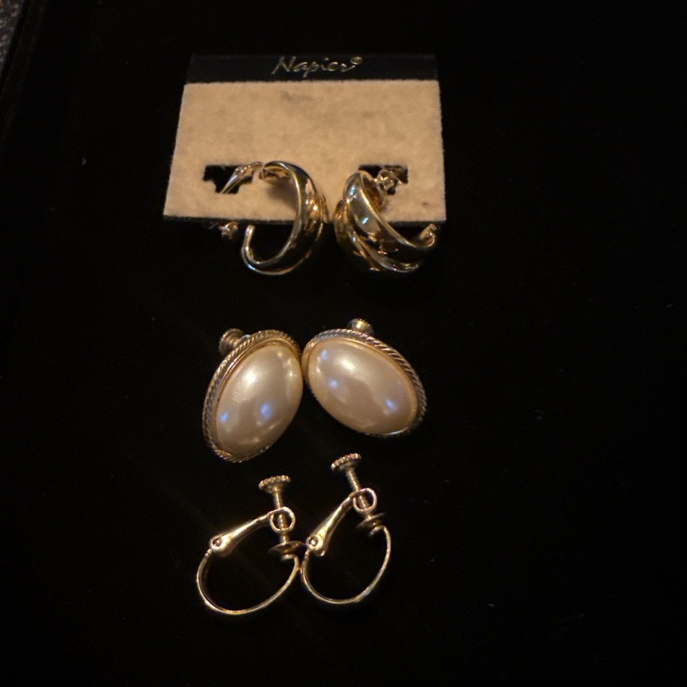 3 Pairs Napier Vintage Signed Clip Earrings Gold Tone
